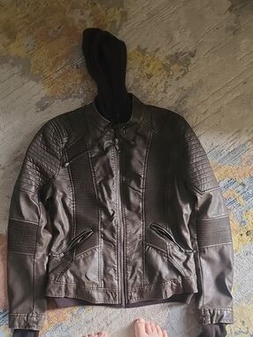 Nwot Women’s Brown Faux Leather Hooded Moto Jacket